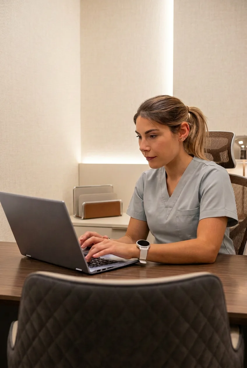Valentina al computer durante una consulenza
